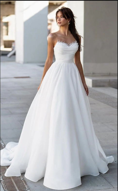 Elegant White Sweetheart Beading Strapless A-Line Long Fashion Wedding Dresses,HS69