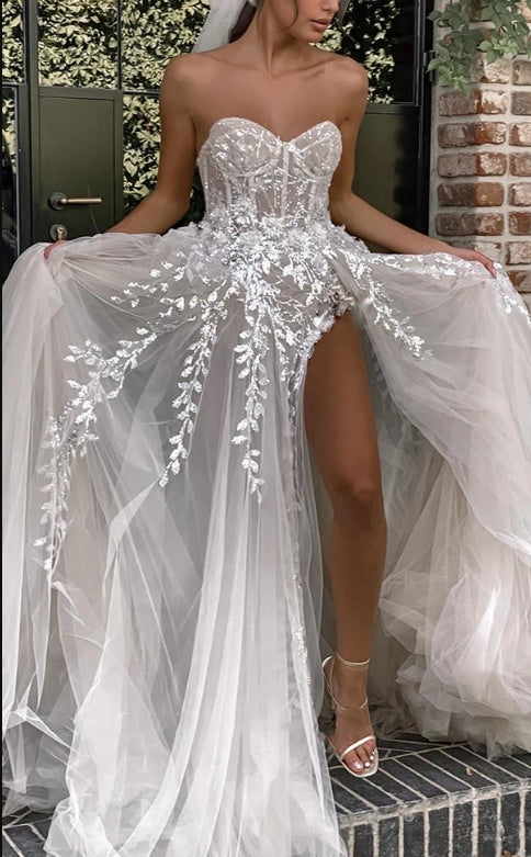 Blingbling Tulle Sweetheart Side Slit Empire Long Fashion Wedding Dresses,HS68