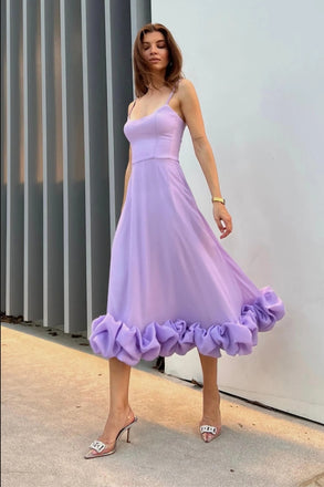 Unique Purple Spaghetti Strap A-Line Ruffle Soft Long Popular Prom Dresses,ZX120