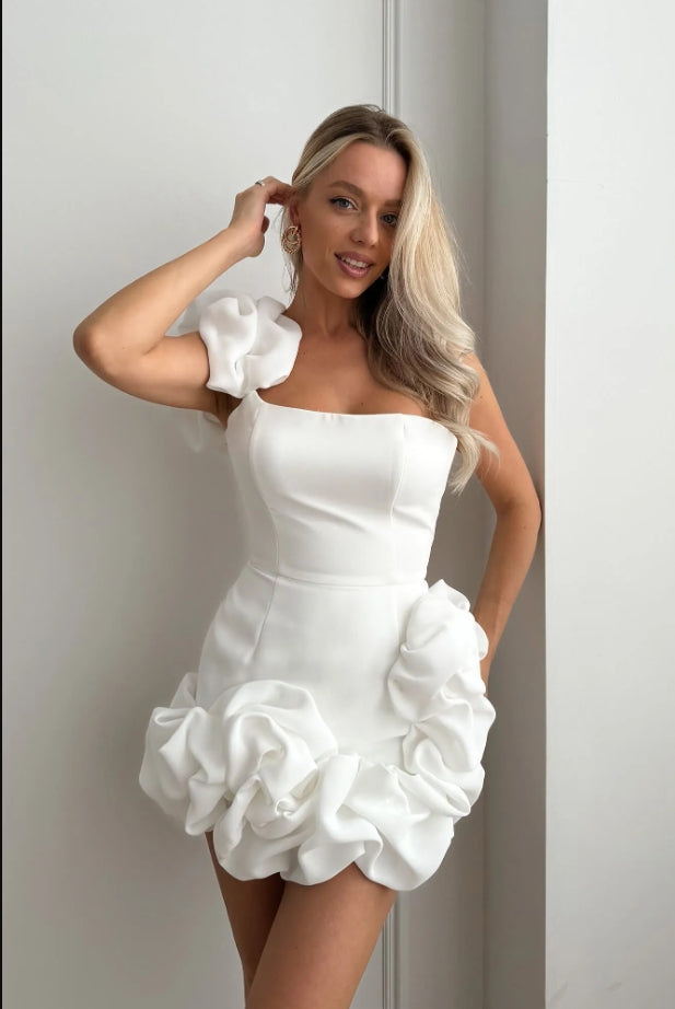 White Designed Ruffle One Shoulder Simple Soft Mini Homecoming Dresses, HM65