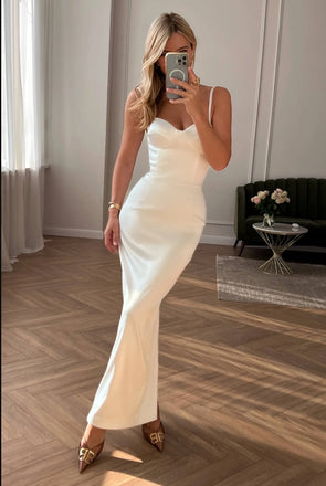 Vintage White Spaghetti Strap Mermaid Soft Long Popular Prom Dresses,ZX121