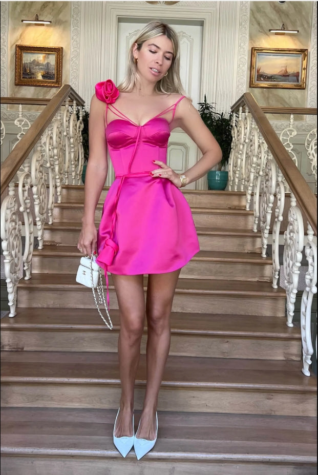 Sexy Hot-Pink Flower Sweetheart Strapless Mini Homecoming Dresses, HM59