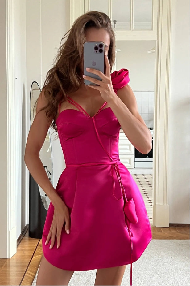 Sexy Hot-Pink Flower Sweetheart Strapless Mini Homecoming Dresses, HM59