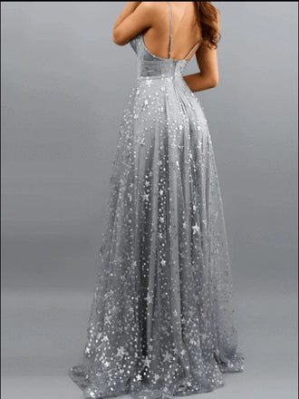 Sparkly Sliver Spaghetti Strap Backless Side Slit Long Popular Prom Dresses,ZX115