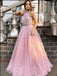 Pink Halter Appliqued A-Line Tulle Sparkly Long Popular Prom Dresses,ZX122