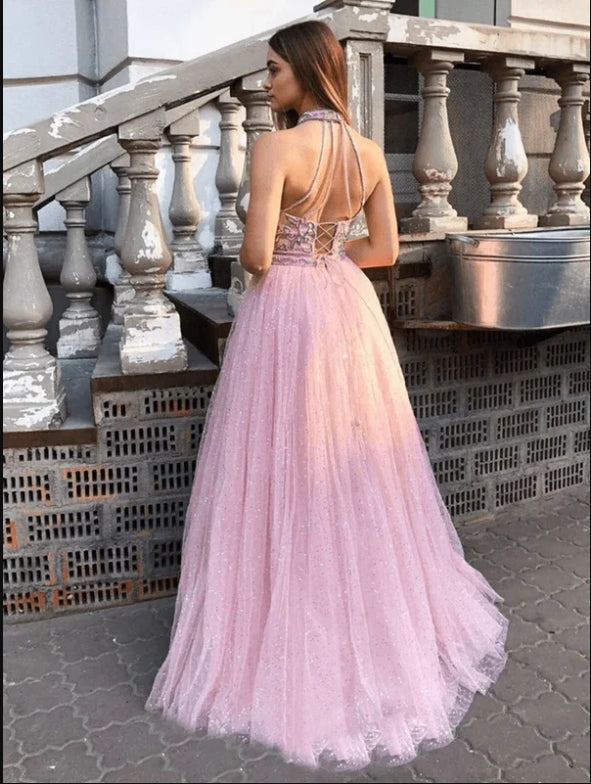 Pink Halter Appliqued A-Line Tulle Sparkly Long Popular Prom Dresses,ZX122