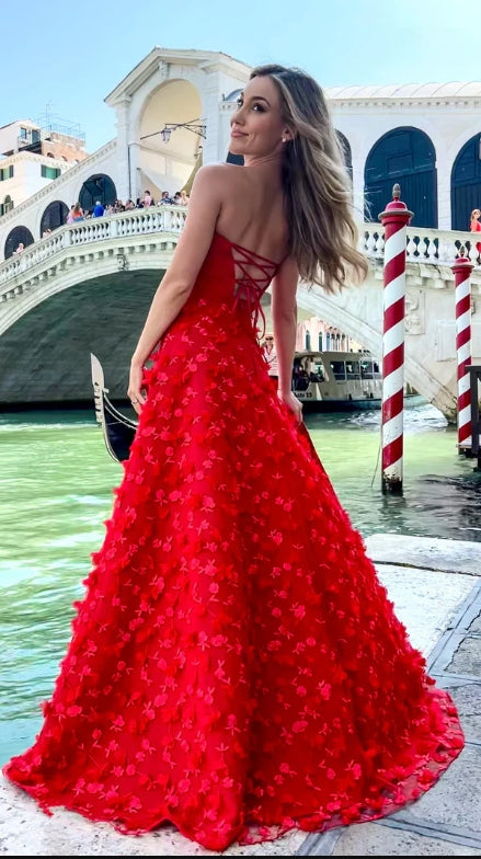 Sexy Red Flower Sweetheart Side Slit Floor-Length Popular Prom Dresses,ZX125