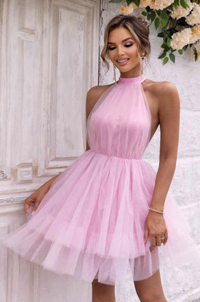 Cute Pink Tulle Halter Backless Fashion Mini Homecoming Dresses, HM65