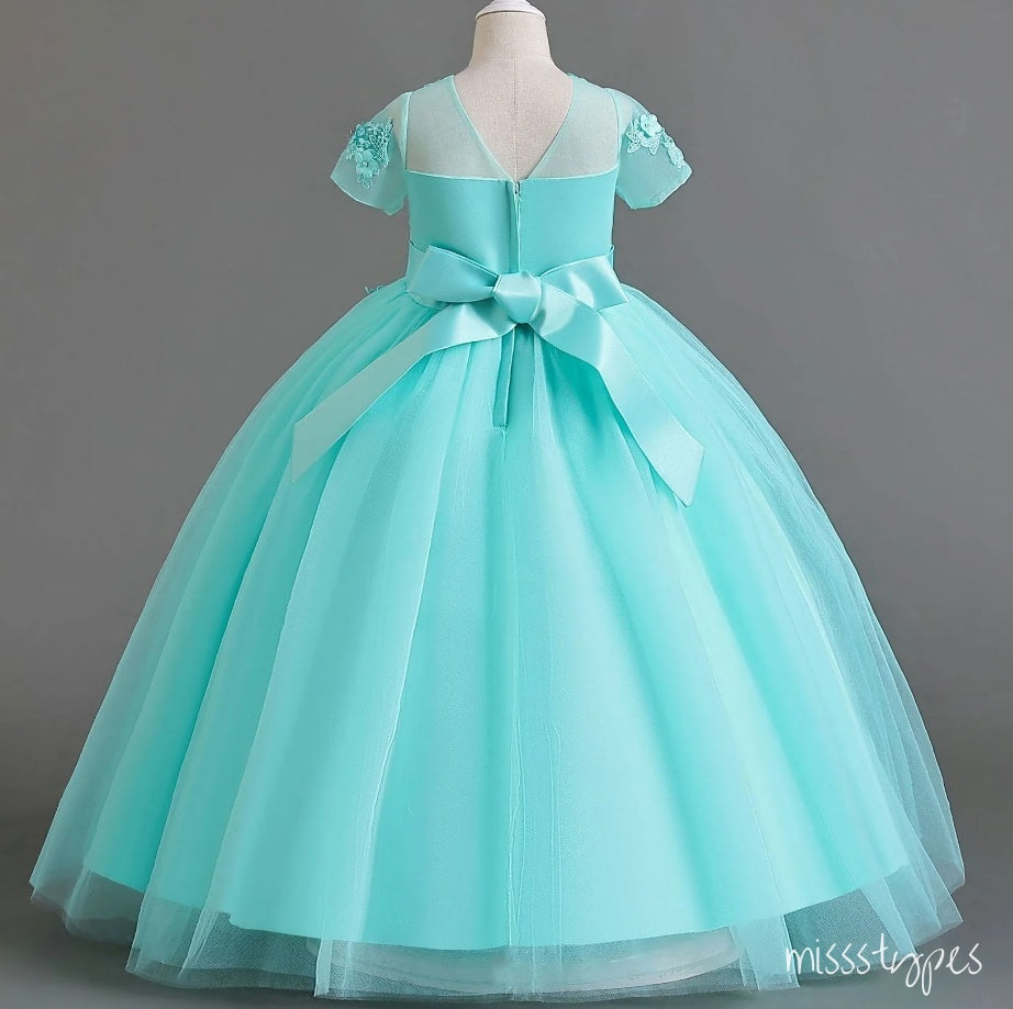 Beautiful Sky Blue Appliqued A-Line Tulle Elegant Little Flower Girl Dresses, ET40