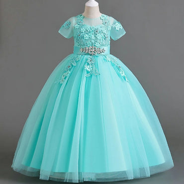 Beautiful Sky Blue Appliqued A-Line Tulle Elegant Little Flower Girl Dresses, ET40