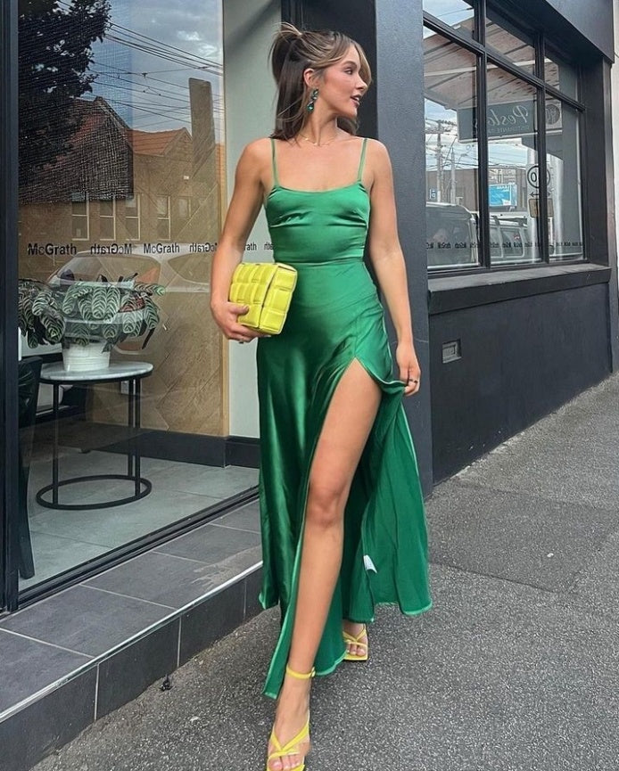 Green Sexy Soft Side Slit Floor-Length Popular Prom Dresses,ZX128