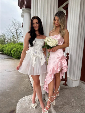 Pearl-Pink Mismatched Round-Neck Pleat Tea-Length Fashion Prom Dresses,ZX143