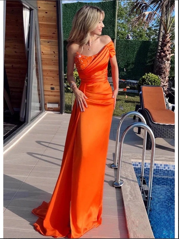 Orange Beading Sweetheart Strapless Pleat Floor-Length Fashion Prom Dresses,ZX142