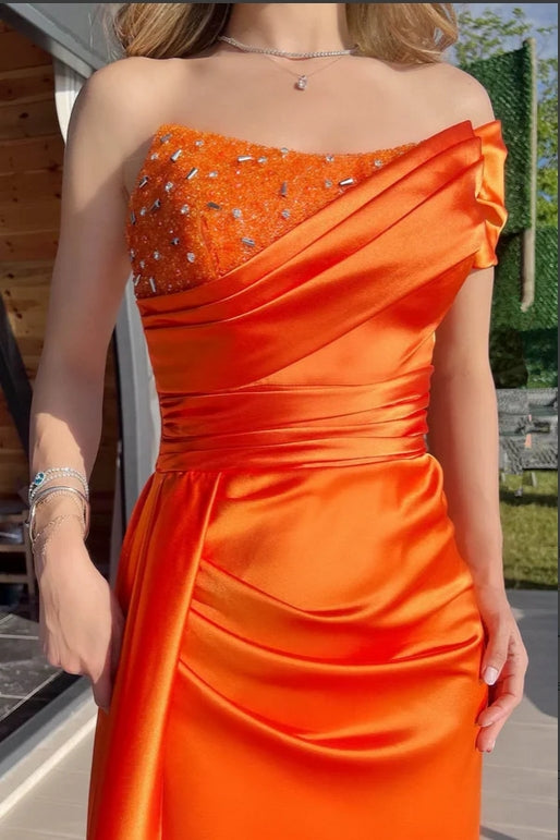 Orange Beading Sweetheart Strapless Pleat Floor-Length Fashion Prom Dresses,ZX142