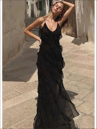 Elegant Black Ruffle Spaghetti Strap Floor-Length Fashion Prom Dresses,ZX140