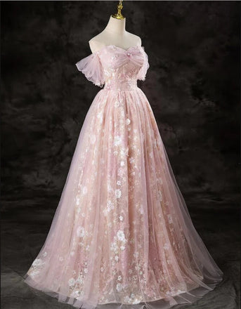 Women Off Shoulder Pink Beading Sparkly Flower Fashion Prom Dresses,ZX149