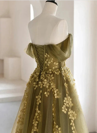 Appliqued Grass Green Off Shoulder Strapless Lace Up Fashion Prom Dresses,ZX148