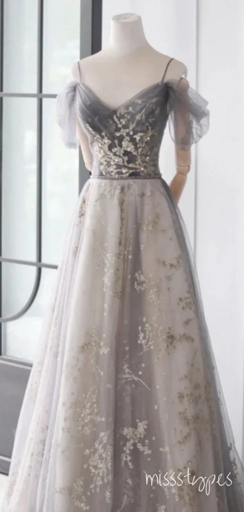 Elegant Sliver Appliqued Spaghetti Strap Sweetheart Sparkly Fashion Prom Dresses,ZX150