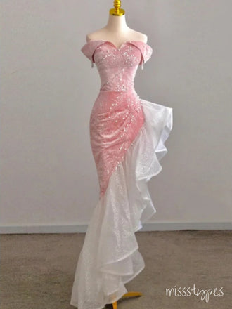 Velvet Pink Tulle High-Low Sweetheart Mermaid Fashion Prom Dresses,ZX155