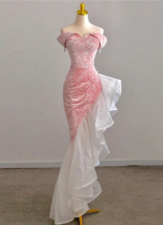 Velvet Pink Tulle High-Low Sweetheart Mermaid Fashion Prom Dresses,ZX155