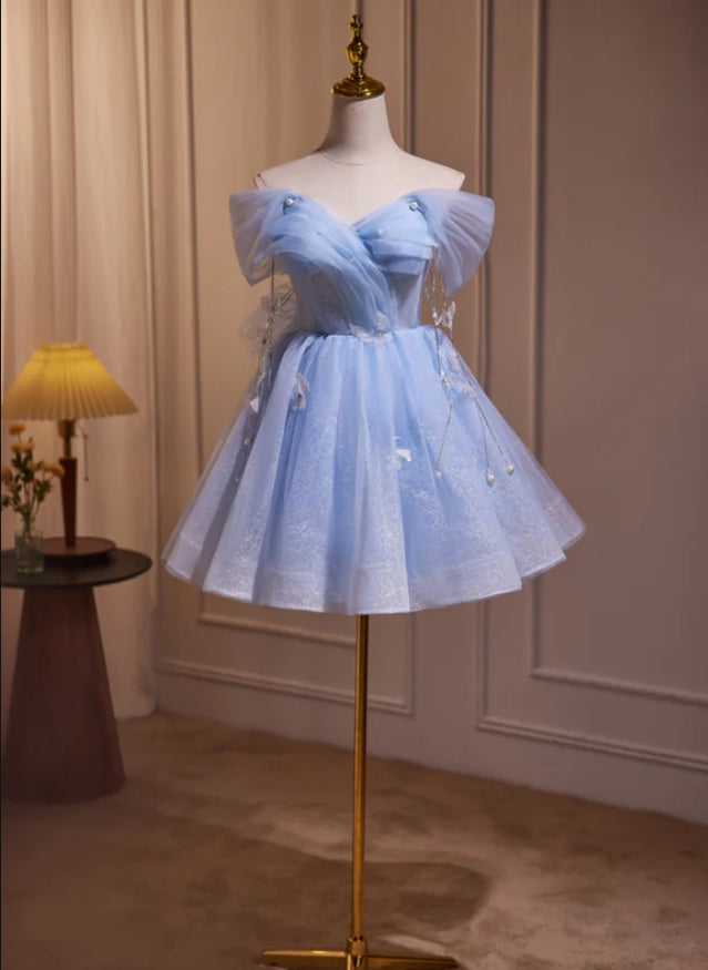 Princess Blue Tulle A-Line Ruffle Strapless Mini Homecoming Dresses, HM77