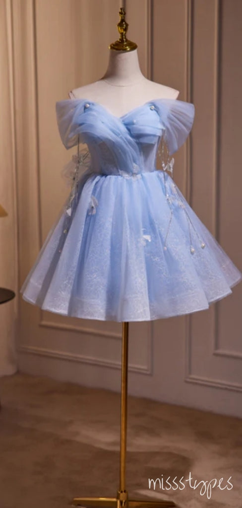 Princess Blue Tulle A-Line Ruffle Strapless Mini Homecoming Dresses, HM77