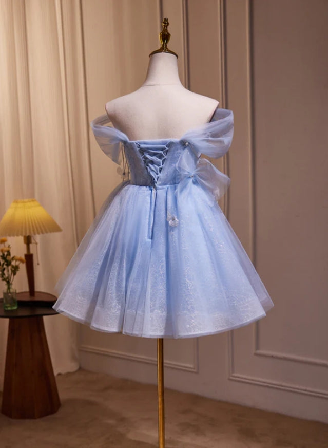 Princess Blue Tulle A-Line Ruffle Strapless Mini Homecoming Dresses, HM77