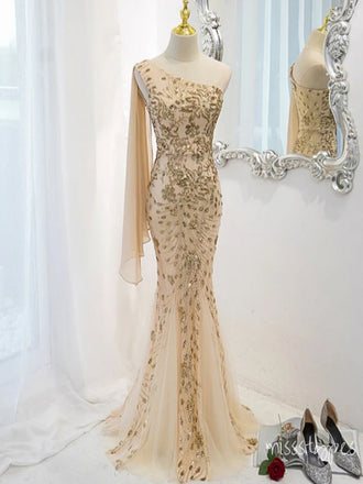 Mismatched Champagne Appliqued Trailing One Shoulder Floor-Length Mermaid Fashion Prom Dresses,ZX164