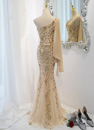 Mismatched Champagne Appliqued Trailing One Shoulder Floor-Length Mermaid Fashion Prom Dresses,ZX164