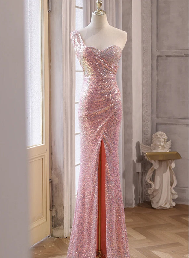 Sequin Pink Sparkly One Shoulder Side Slit Floor-Length Mermaid Fashion Prom Dresses,ZX165