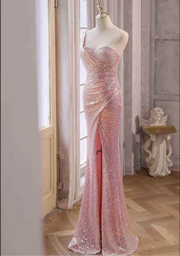 Sequin Pink Sparkly One Shoulder Side Slit Floor-Length Mermaid Fashion Prom Dresses,ZX165