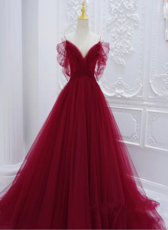 Classy A-Line Red Tulle Spaghetti Strap Princess Fashion Prom Dresses,ZX152