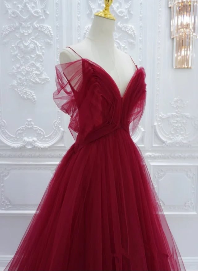 Classy A-Line Red Tulle Spaghetti Strap Princess Fashion Prom Dresses,ZX152