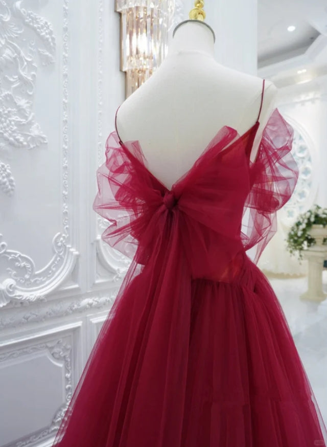 Classy A-Line Red Tulle Spaghetti Strap Princess Fashion Prom Dresses,ZX152