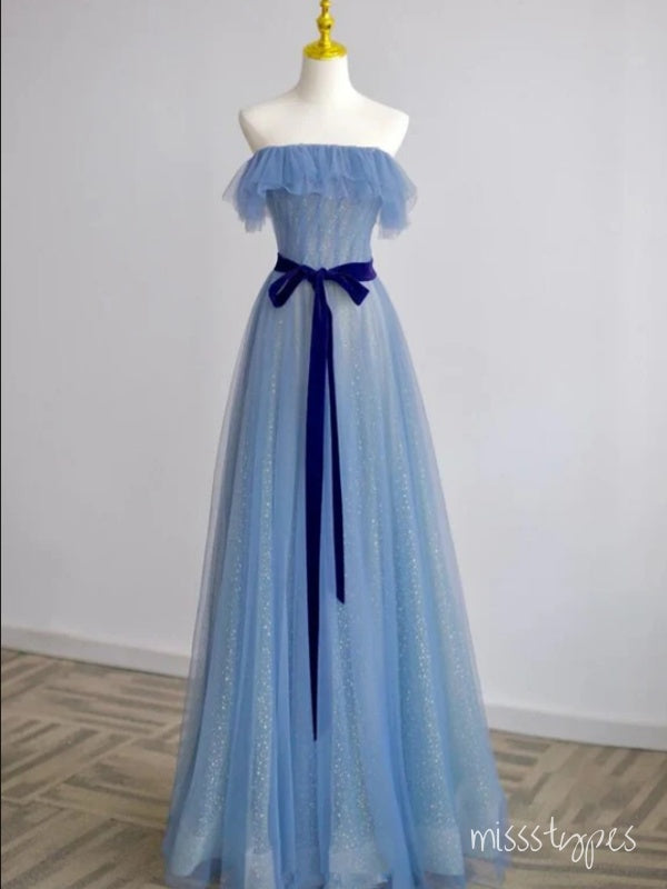 Simple Tulle Blue Sweetheart Floor-Length A-Line Fashion Prom Dresses,ZX159