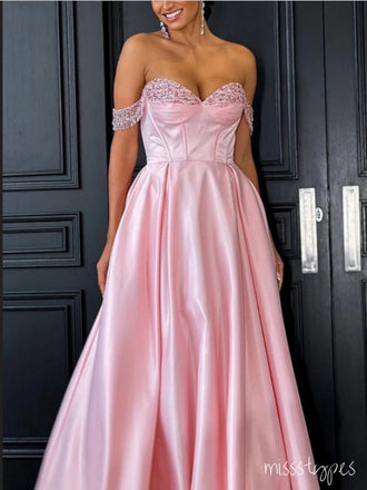 Off Shoulder Pink Beading Sweetheart Floor-Length A-Line Fashion Prom Dresses,ZX169