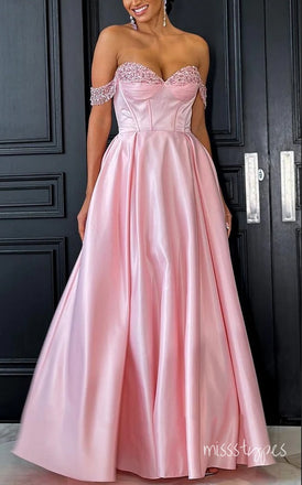 Off Shoulder Pink Beading Sweetheart Floor-Length A-Line Fashion Prom Dresses,ZX169