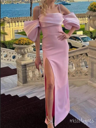 Modest Soft Pink Off Shoulder Side Slit Princess Fashion Prom Dresses,ZX151