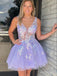 Beautiful Purple V-Neck Appliqued Tulle Mini Homecoming Dresses, HM74