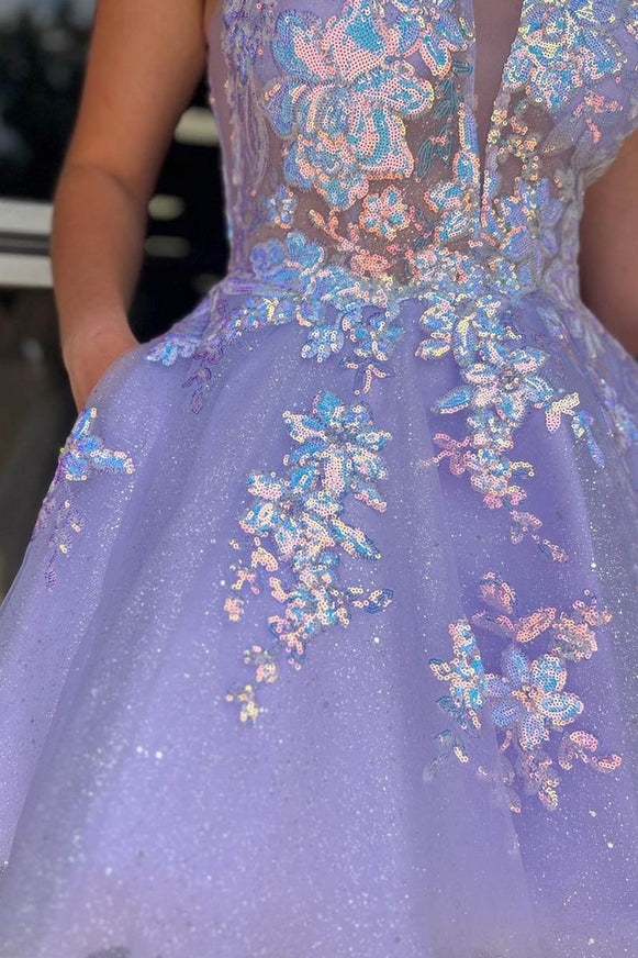 Beautiful Purple V-Neck Appliqued Tulle Mini Homecoming Dresses, HM74