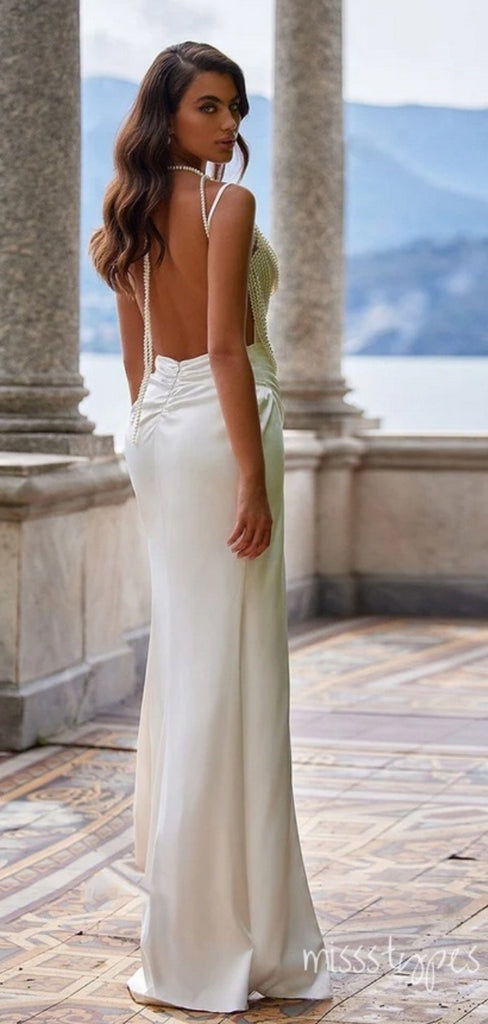 Simple White Mermaid Spaghetti Strap Backless Fashion Prom Dresses,ZX147