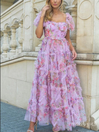 Cozy Easy Pink Flower Ruffle A-Line Square Tea-Length Fashion Prom Dresses,ZX153