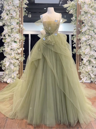 Women Simple Green Tulle Strapless Floor-Length Fashion Prom Dresses,ZX162