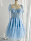 Blue Sparkly A-Line Beading Tulle Lace Up Mini Homecoming Dresses, HM75