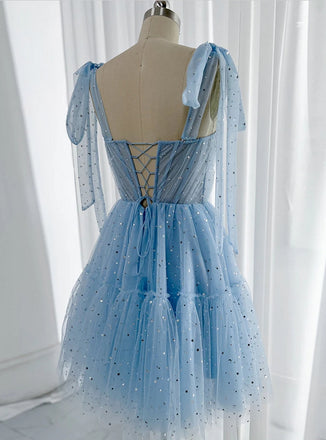 Blue Sparkly A-Line Beading Tulle Lace Up Mini Homecoming Dresses, HM75