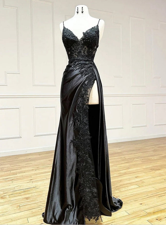 Sexy Appliqued Black Spaghetti Strap Side Slit Floor-Length Mermaid Fashion Prom Dresses,ZX166