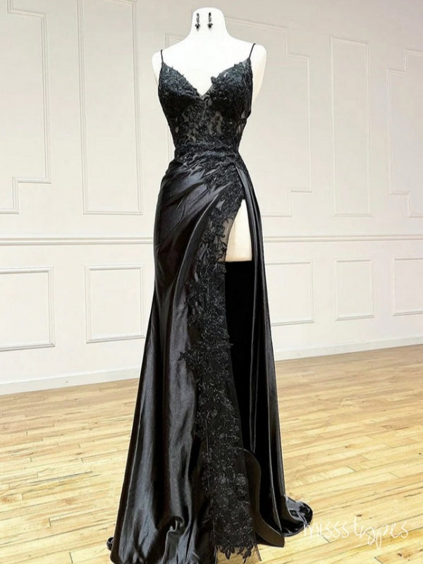 Sexy Appliqued Black Spaghetti Strap Side Slit Floor-Length Mermaid Fashion Prom Dresses,ZX166