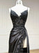 Sexy Appliqued Black Spaghetti Strap Side Slit Floor-Length Mermaid Fashion Prom Dresses,ZX166