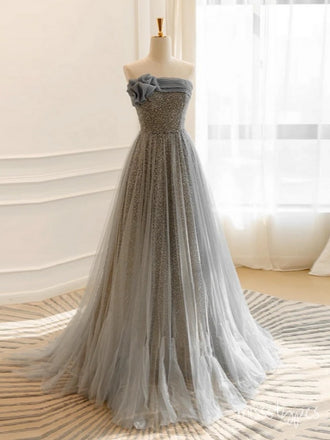 Elegant Sliver Flower Ruffle Tulle Strapless Floor-Length A-Line Fashion Prom Dresses,ZX163