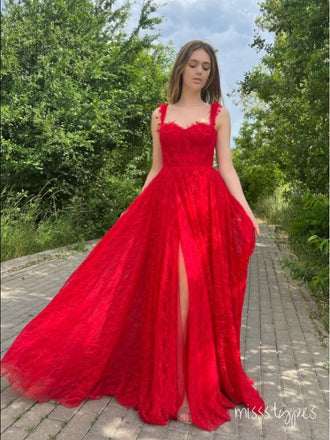 Elegant Hot Red Side Slit Spaghetti Strap Floor-Length Fashion Prom Dresses,ZX174